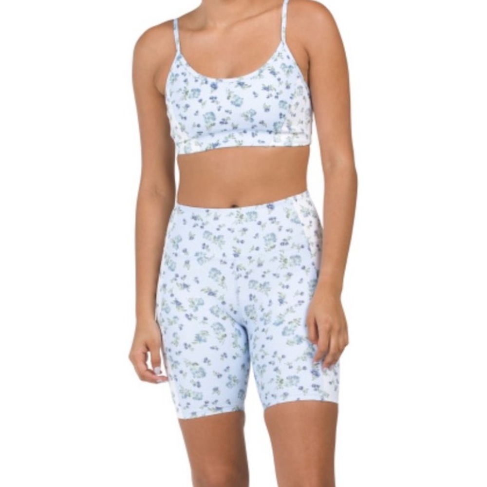 Floral Light Blue Scoop Sports Bra - Women